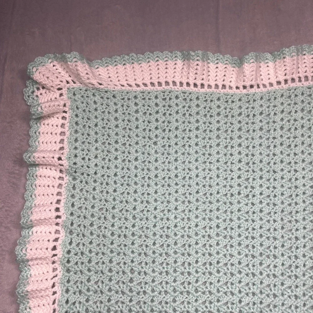 Handmade Crochet Baby Blanket Set 2pc Mint Green White Chevron Blue Multi